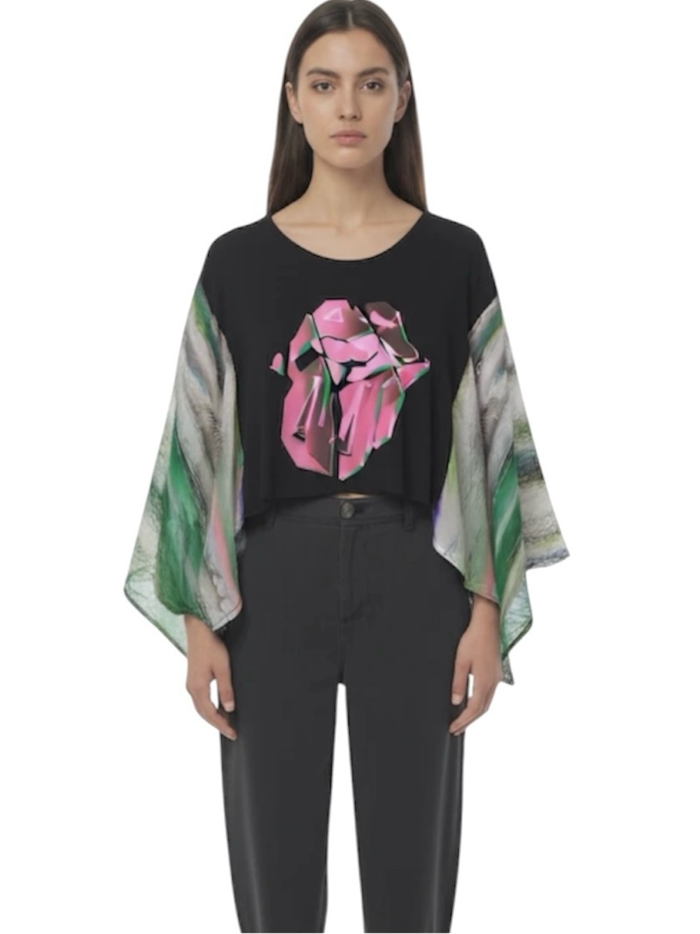 Black Cropped Top with Pink Graphic & Green Sheer Sleeves